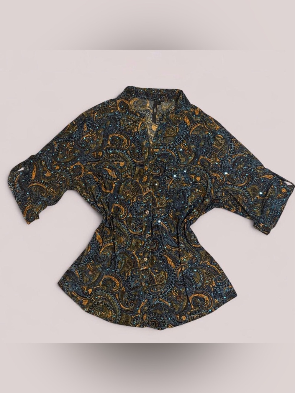 Women's Paisley Button-Down Shirt in Teal & Gold by Cathy
